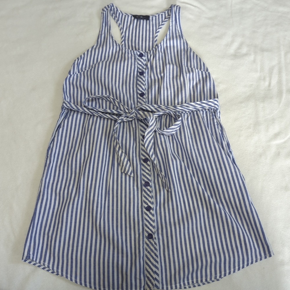 Wish Women's Med Blue & White Striped‎ Button Up Short Tank Dress W/ Pockets 306